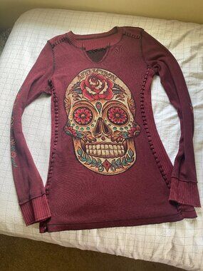Affliction Sugar Skull long sleeve top Woman's XL